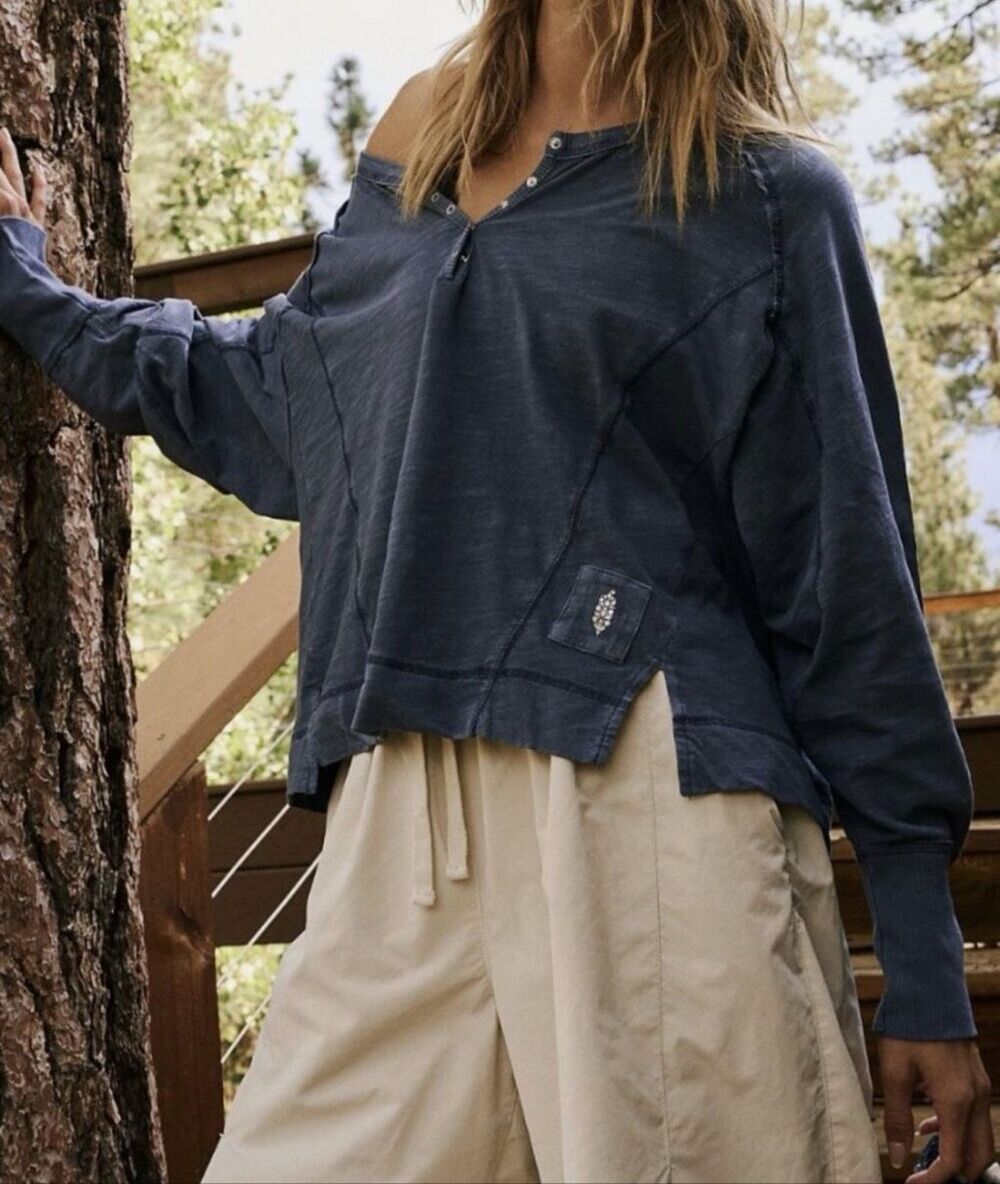 Free People Movement Winner Layer Top Long Sleeve Henley blue M NWOT